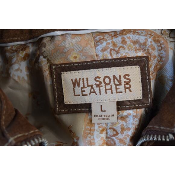 Vtg Wilsons Women Brown Suede Leather Coat Jacket Large 90's Zip Contrast Penny - Picture 5 of 7